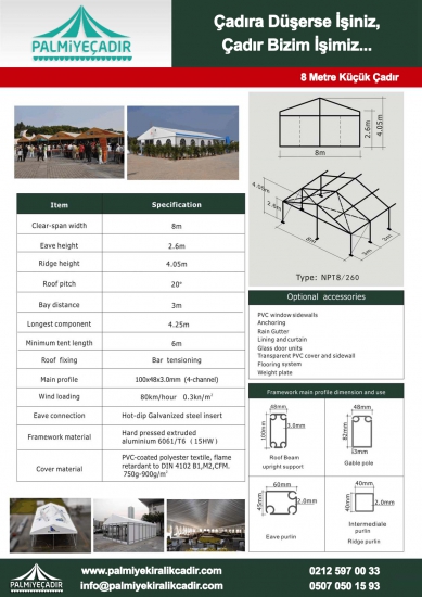 8 Metre Küçük Çadır teknik veri