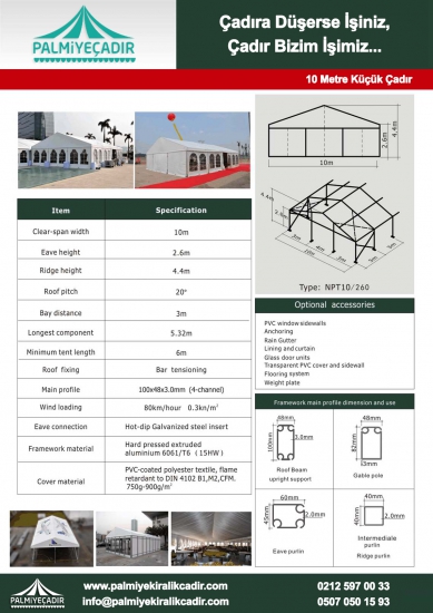 10 Metre Küçük Çadır teknik veri