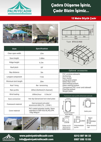 15M HIGH-TECH ÇADIRLAR teknik veri