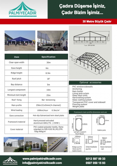 30M HIGH-TECH ÇADIRLAR teknik veri