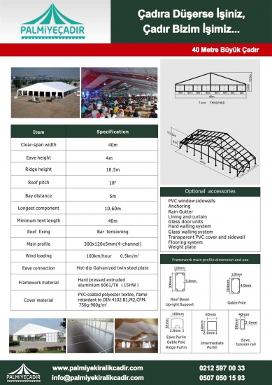 40M HIGH-TECH ÇADIRLAR teknik veri